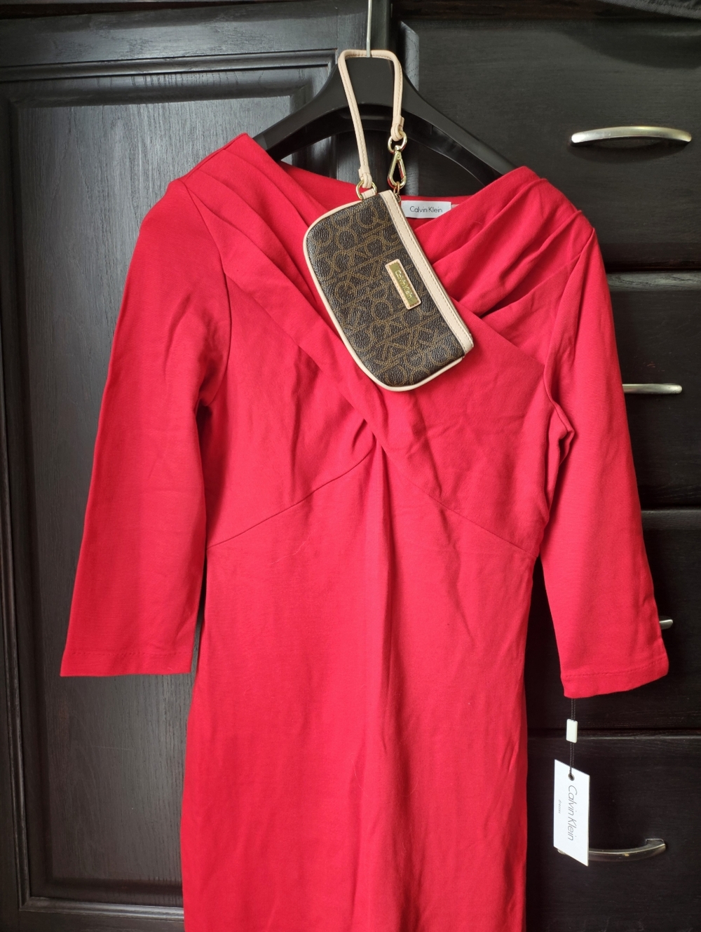 Calvin Klein Scarlet Draped Sheath Dress with FREE wristlet -NWT